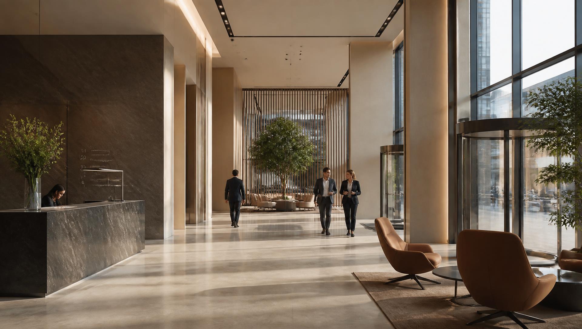 Office lobby interior with natural stone and daylight